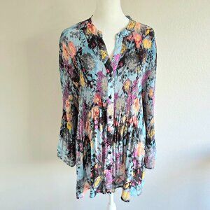 NEW Spense Blouse Top Floral Colorful Accordion Pleat Button Bell Sleeve Plus 1X